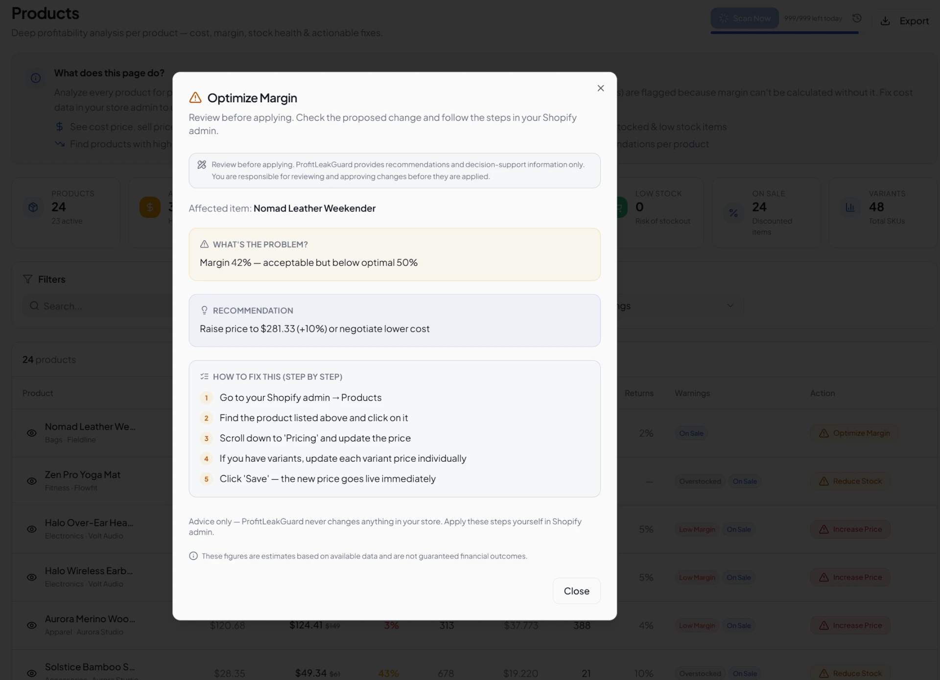 Optimize margin recommendation for a product with step by step instructions for the Shopify admin